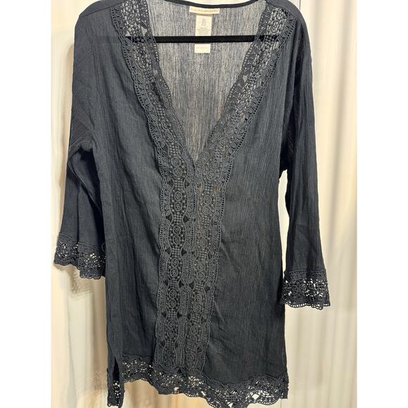 La Blanca Cover Up Island Fare Tunic V Neck Crochet Black Womens LG - Picture 1 of 6